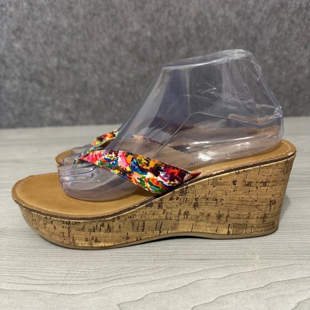 Montego Bay Club Womens Sz 10 Multicolor Floral Cork‎ Wedge Thong Sandals